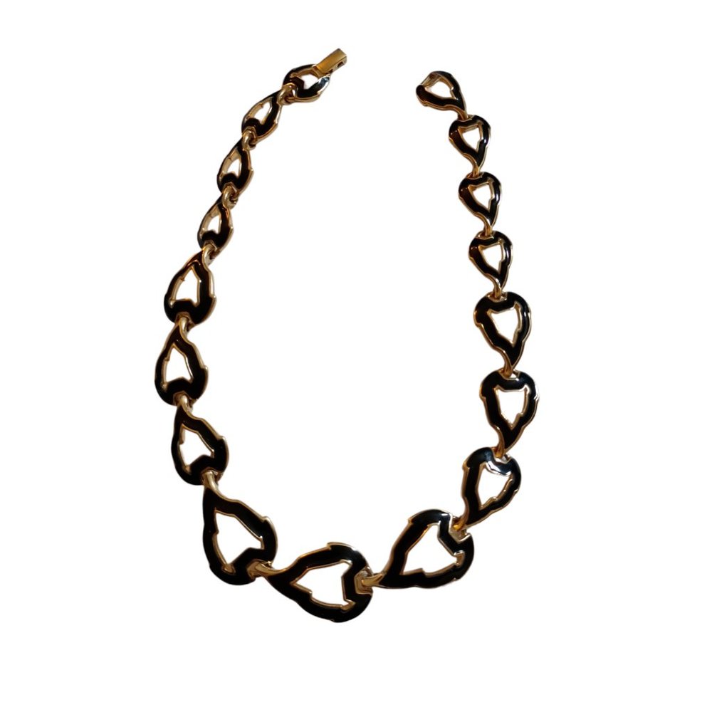 Trafari Vintage Leaf Pattern Gold Tone Black Enamel Statement Necklace 17.5"